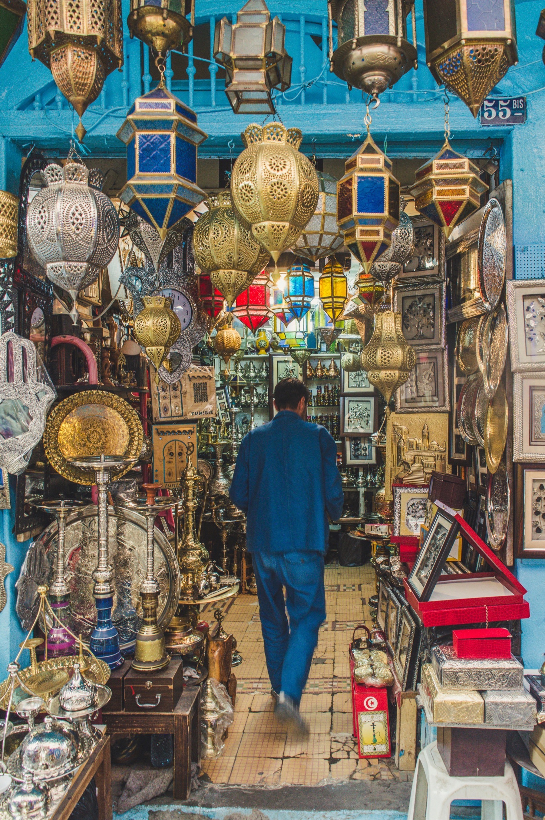 A shop of hand-worked brass and glass lanterns in a Tunisian souk